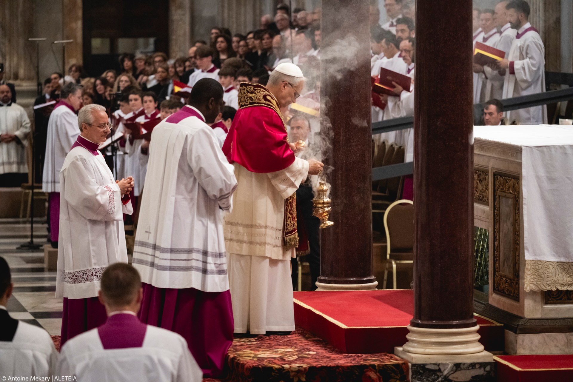 Pope Leo XIV visits the Tomb of St. Paul at the Basilica of Saint Paul outside the Walls in Rome on May 20, 2025