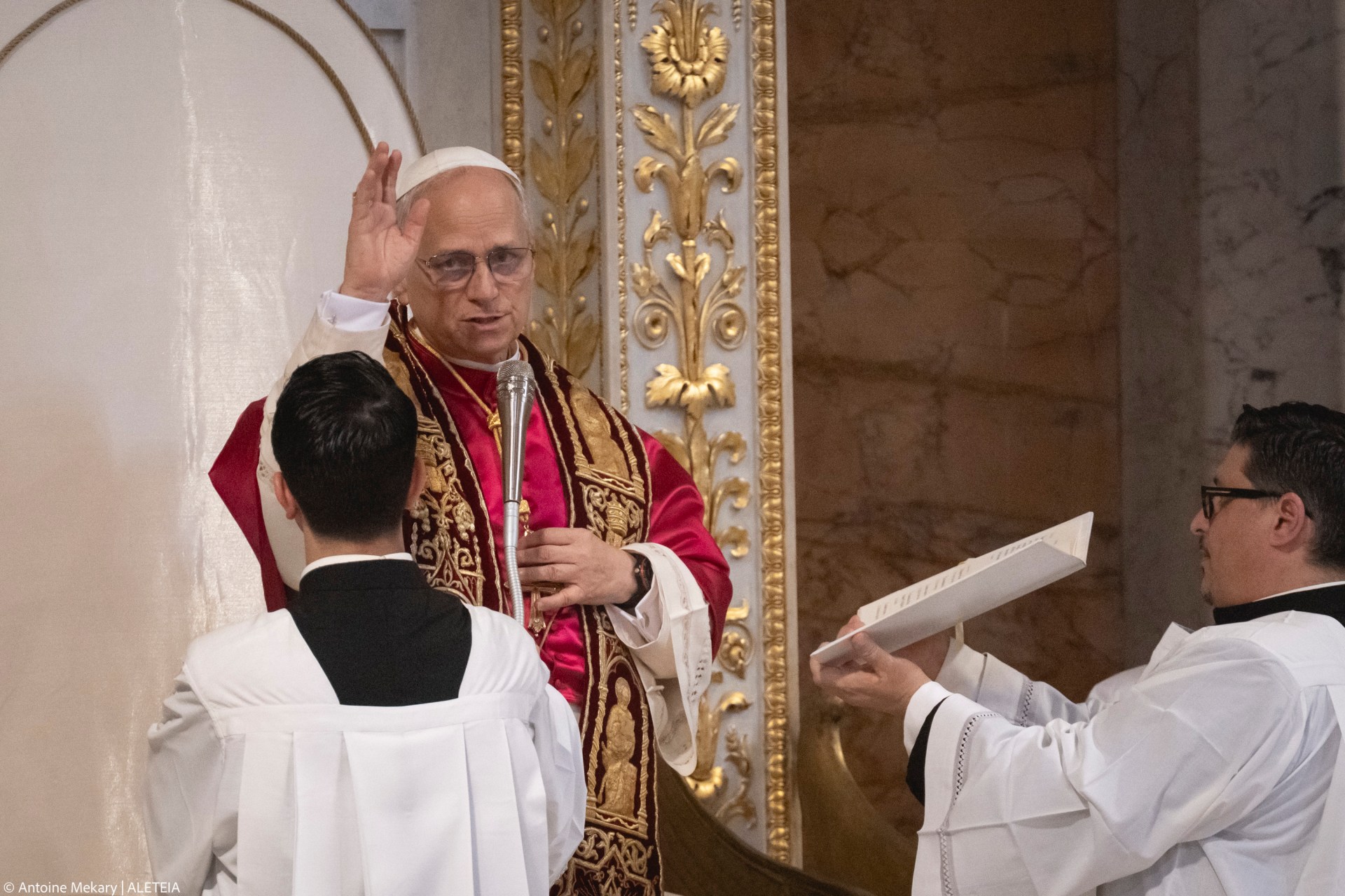Pope Leo XIV visits the Tomb of St. Paul at the Basilica of Saint Paul outside the Walls in Rome on May 20, 2025