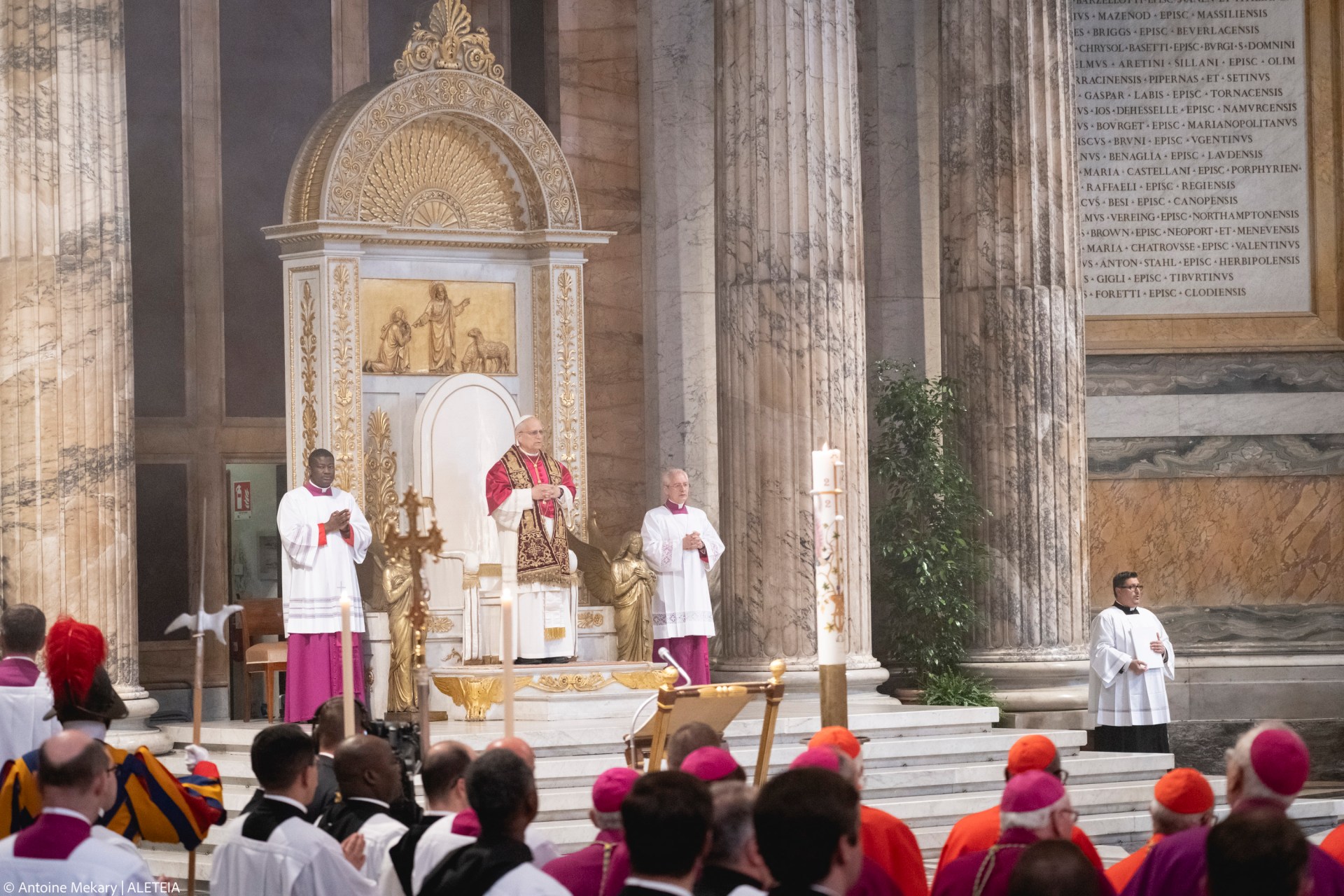 Pope Leo XIV visits the Tomb of St. Paul at the Basilica of Saint Paul outside the Walls in Rome on May 20, 2025