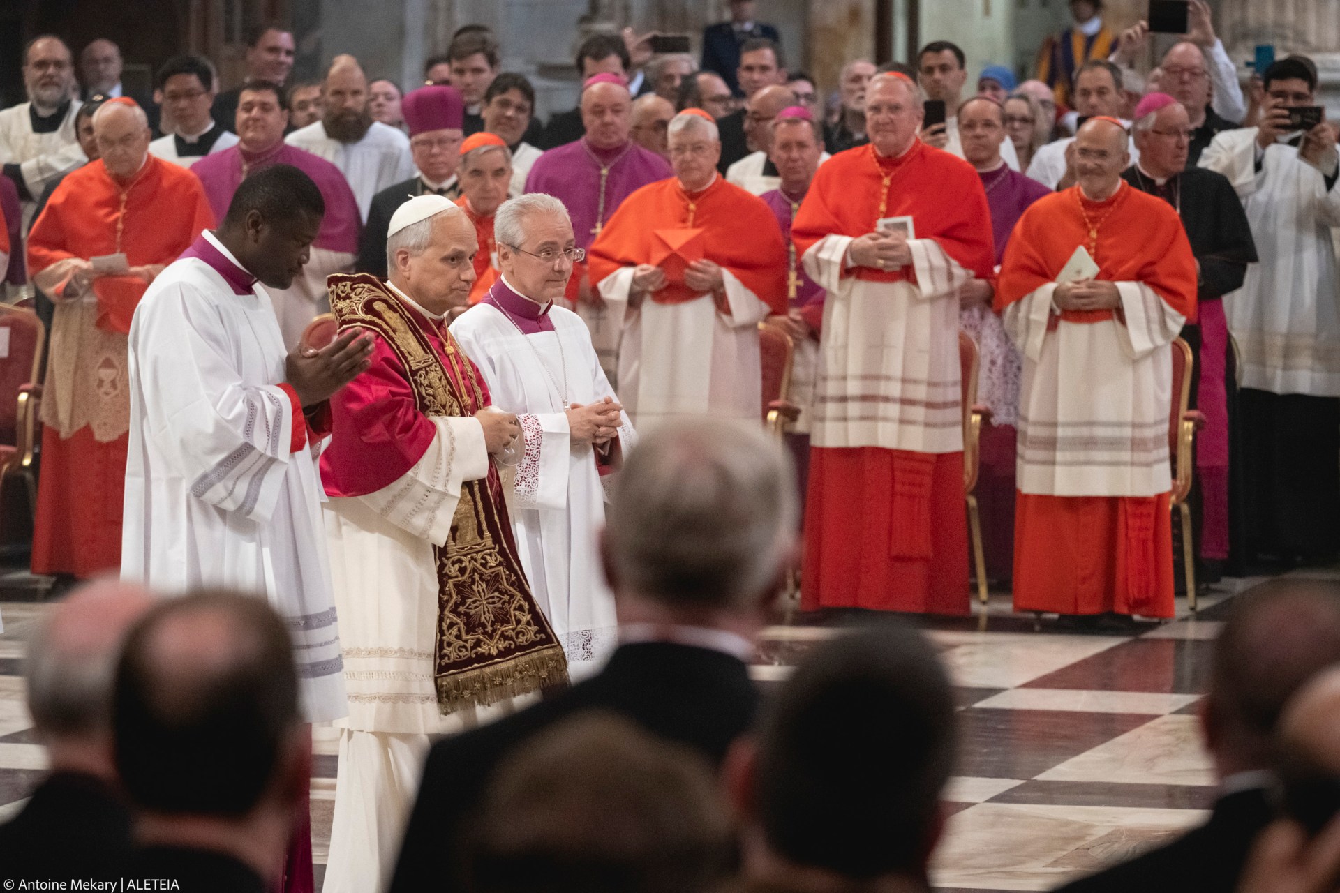 Pope Leo XIV visits the Tomb of St. Paul at the Basilica of Saint Paul outside the Walls in Rome on May 20, 2025