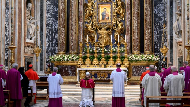 This photo taken and handout on May 25, 2025 by The Vatican Media shows Pope Leo XIV during his visit at St Mary Major in Rome.