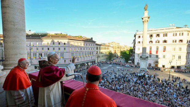 This photo taken and handout on May 25, 2025 by The Vatican Media shows Pope Leo XIV during his visit at St Mary Major in Rome.
