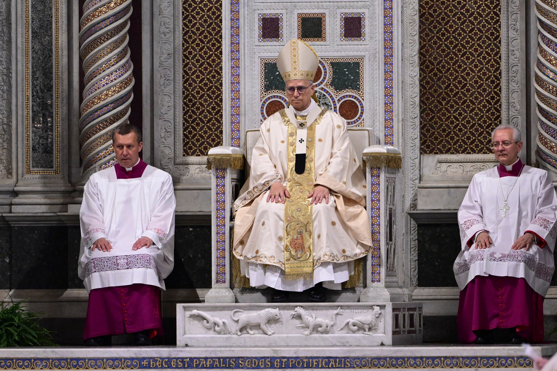 Pope Leo XIV leads a holy mass as he takes possession at Saint John Lateran archbasilica in Rome, on May 25, 2025.